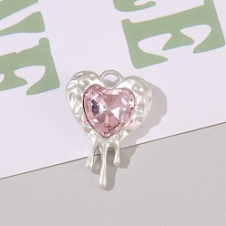 Розовый Прелести сплава Rhinestone, матовый серебристый цвет, сердце, светло-розовый, 24x17 мм