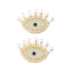 Chapado en Oro Real 18K Cuentas de circonita cúbica coloridas con micropavé de latón, con abs perla de plastico, mal de ojo, chapado en rack, larga duración plateado, sin plomo y el cadmio, real 18 k chapado en oro, 23x35.5x5 mm, agujero: 3~4.5x2 mm