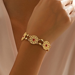 Красный Браслеты из сплава с микро-паве из кубических цирконий для женщин, плоский круг с цветком и каплей, золотые, красные, внутренний диаметр: 7-1/4 дюйм (18.5 см)