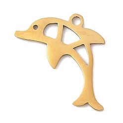 Настоящее золото 18K 201 подвески из нержавеющей стали, дельфин очарование, лазерная резка, реальный 18 k позолоченный, 17x15.5x1 мм, отверстие : 1.4 мм
