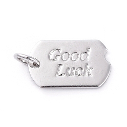 Платинированный Латунные подвески, долговечный, прямоугольные, с словом удачи, Реальная платина, 15x9x1 мм, отверстие : 3 мм