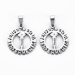 Нержавеющая Сталь Цвет Не тускнеющие 201 подвески из нержавеющей стали, резать, плоский круглый со словом энфермерия, цвет нержавеющей стали, 22.5x20x1.5 мм, отверстие : 3x7 мм