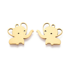 Настоящее золото 18K 201 подвески из нержавеющей стали, Слон прелести, лазерная резка, реальный 18 k позолоченный, 15.5x16.5x1 мм, отверстие : 1.4 мм
