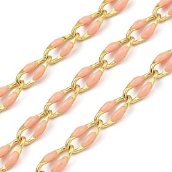 Светло-Коралловый Ионное покрытие (IP) латунных цепей, кабельные цепи с эмалью, реальный 18 k позолоченный, пайки, с катушкой, Плоско-овальные, свет коралловый, 8.5x4x1.5 мм, около 32.81 футов (10 м) / рулон