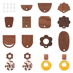 Перу 22пары 11 фурнитура для сережек-гвоздиков из орехового дерева, с отверстием и 304 штифтом из нержавеющей стали, с пластиковой ушной гайкой 100шт., полукруглая, полуовальная, веерная, цветочная и прямоугольная, Перу, 8~27x11~18 мм, отверстие : 1.6~2 мм, штифты : 0.7 мм, 2 пара / стиль