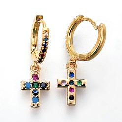 Golden Brass Dangle Hoop Earrings, with Micro Pave Cubic Zirconia, Cross, Colorful, Golden, 27mm, Pin: 0.8mm