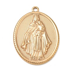 Oro Religión 201 colgantes de acero inoxidable, Colgante ovalado con dijes de la Virgen María y el Niño Jesús., dorado, 36x26x3 mm, agujero: 2.5 mm