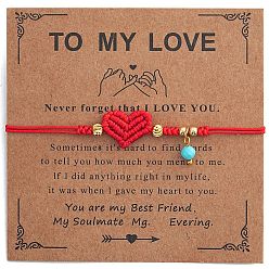 Красный Круглые браслеты шарма синтетический бирюзовый, Регулируемые браслеты в форме сердца из латунного нейлонового шнура для женщин, с открытки, красные, 11.02 дюйм (28 см)