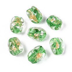 Светло-зеленый Ручной работы золотые и серебряные шарики фольги стекла, самородки, светло-зеленый, 12.5~14x10~11x9~10 мм, отверстие : 1.2~1.4 мм