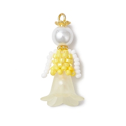 Желтый Подвески в виде цветка из стеклянного бисера, со стеклянным жемчугом и акрилом, желтые, 33x18x17.5 мм, отверстие : 2.5 мм