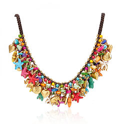 Coloré Colliers de dossard, avec des perles turquoises synthétiques, cordon ciré et perles en laiton, or, colorées, 16.54 pouce (42 cm)