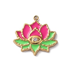 Светло-Вишневый 304 нержавеющей стальной эмали подвески, со стразами, золотые, очарование лотоса, светло-вишневый, 19.5x20x3 мм, отверстие : 1.5 мм
