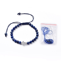 Lapis Lazuli Natural Lapis Lazuli(Dyed) Braided Bead Bracelets, with Nylon Thread and Brass Micro Pave Cubic Zirconia Beads, Cross, 2-1/8 inch~3-3/4 inch(5.5~9.5cm)