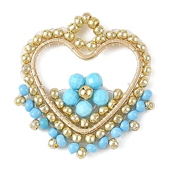 Magnesite Dyed Natural Magnesite Faceted Round Beaded Copper Wire Wrapped Pendants, Brass Heart Charms with Glass Seed Beads, Golden, Sky Blue, 27x26x3.5mm, Hole: 3.5mm