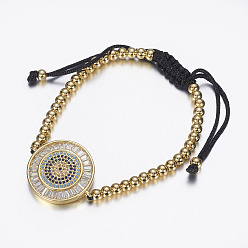 Настоящее золото 18K Регулируемые латунные плетеные браслеты из бисера, С нейлоновым шнуром и микропроводами с кубическим цирконием, без кадмия и без свинца, плоско-круглые, реальный 18 k позолоченный, 2 дюйм ~ 3-1/8 дюйм (50~78 мм)