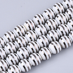 Schwarz Galvanisieren Glasperlen, rund mit streifen, Schwarz, 10x9.5 mm, Bohrung: 1.2 mm, ca. 30 Stk. / Strang, 11.2 Zoll