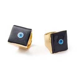 Black Square Enamel with Evil Eye Wide Band Finger Rings, Real 18K Gold Plated Brass Adjustable Rings for Women Men, Black, 18.5mm, Inner Diameter: 17mm