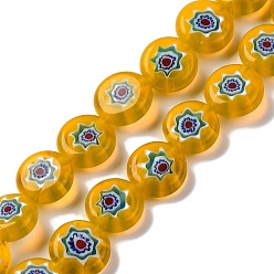 Золотистый Handmade millefiori lampwork beads strands, плоско-круглые, золотые, 10x3.5 мм, отверстие : 0.8 мм, около 38 шт / нитка, 14.65'' (37.2 см)