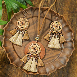 Светло-желтый Комплект украшений из сплава и дерева в богемном стиле, плоские круглые серьги-кисточки и ожерелья, античная бронза, светло-желтый, Ожерелье: 400 mm, Серьги: 80 mm