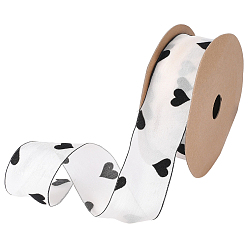 Сердце 1рулонные полиэстеровые шифоновые ленты с печатью, аксессуары для одежды, подарочная упаковка, чёрные, сердце, 1-5/8 дюйм (40 мм), 10 ярдов / ролл