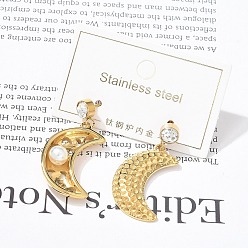 Золотой Ионное покрытие (ip) 304 серьги-гвоздики из нержавеющей стали, с искусственным жемчугом и стразами для женщин, луна, золотые, 35.5x17 мм