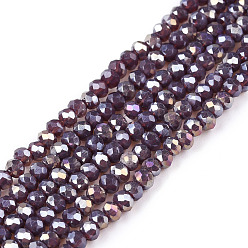 Фиолетовый Стеклянные бусины с гальваническим покрытием , непрозрачный сплошной цвет, с покрытием AB цвета, граненые, рондель, фиолетовые, 2.3~2.7x2 мм, отверстие : 0.4 мм, около 135~140 шт / нитка, 26~27 см
