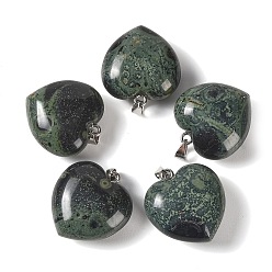 Kambaba Jasper Natural Kambaba Jasper Pendants, Heart Charms, with 304 Stainless Steel Snap on Bails, Stainless Steel Color, 32~33x30x14~15mm, Hole: 7.5x4mm