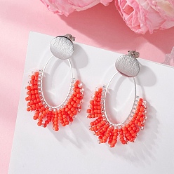 Красный Латунные качают серьги, со стеклянными бисеринами, овальные, платина, красные, 48.5~50.5x29~29.5 мм