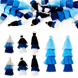 Синий 16шт. 4 стили нейлоновых декоративных кисточек, с железной фурнитурой, кулон украшение, золотые, синие, 43x8 мм, отверстие : 3x4 мм