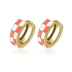 Лосось Серьги-кольца из сплава с эмалью в клетку, золотые, salmon, 15 мм