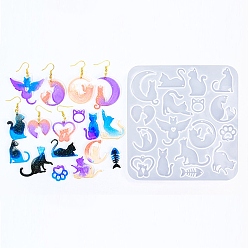 Белый DIY силиконовые формы кулон, формы для литья смолы, форма кошки, белые, 145x139x4 мм, отверстие : 1.6 мм, внутренний диаметр: 11~40x16~43 мм