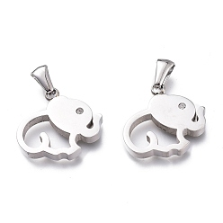 Нержавеющая Сталь Цвет 304 подвески из нержавеющей стали, с кристально горный хрусталь, ручная полировка, полый, слон, цвет нержавеющей стали, 19x20x3 мм, отверстие : 6x2.5 мм