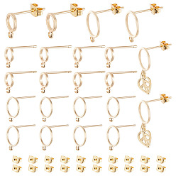 Настоящее золото 18K 20шт 2 стили латунные кольца серьги-гвоздики фурнитура, с горизонтальными петлями, 20шт кольца прыжок, 20 ушные гайки, реальный 18 k позолоченный, 8~12.5x6~10 мм, отверстие : 1~1.4 мм, 10 шт / стиль