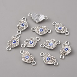 Blue Alloy Enamel Evil Eye Connector Charms, with Crystal Rhinestones, Silver, Heart, Blue, 10.50x20x2.50mm,Hole:2mm