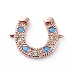 Rose Gold Brass Micro Pave Cubic Zirconia Links connectors, Horseshoe, Clear & Sky Blue, Rose Gold, 13x18x2.5mm, Hole: 0.9mm