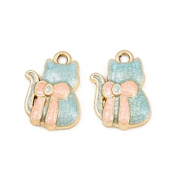 Sky Blue Alloy Enamel Pendants, Cat Shape with Bowknot Charms, Golden, Sky Blue, 19x13.5x4mm, Hole: 2mm
