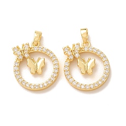 Real 18K Gold Plated Brass Micro Pave Clear Cubic Zirconia Pendants, Flat Round with Butterfly Charms, Real 18K Gold Plated, 19.5x17x4mm, Hole: 5x2mm