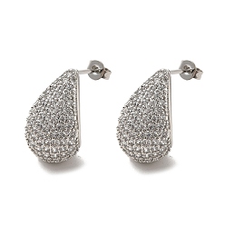Платина Латунные микро проложить серьги стержня кубического циркония, слеза, без свинца и без кадмия, долговечный, платина, 20x13 мм