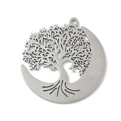 Нержавеющая Сталь Цвет 304 подвески из нержавеющей стали, Луна с оберегом «Древо жизни», лазерная резка, анти-тускнение, цвет нержавеющей стали, 33.5x31x1.5 мм, отверстие : 1.8 мм