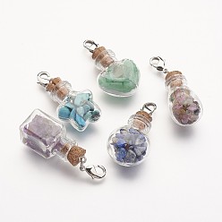 Mixed Color Natural & Synthetic Gemstone Pendants Decorations, with Glass Bottle for Bead Containers and Brass Lobster Claw Clasps, Mixed Shape, Mixed Color, 44~48mm