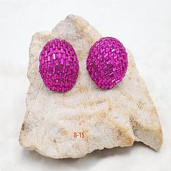 Фуксин Полукруглые серьги-гвоздики из сплава со стразами, со стеклом, платина, фуксиново-красные, 40x40 мм