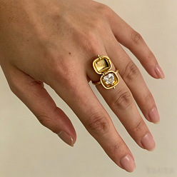 Golden Brass Pave Clear Cubic Zirconia Flip Cuff Open Rings, Square with Heart, Golden, 15~20mm