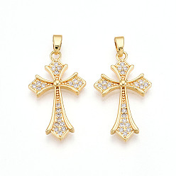 Настоящее золото 18K Латунные микро проложить кубического циркония подвески, без кадмия и без свинца, крест прелести, реальный 18 k позолоченный, 26.5x16x3 мм, отверстие : 5x2.5 мм