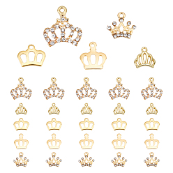 Golden 30Pcs 5 Style Alloy Rhinestone & Stainless Steel & Brass Charms, Crown, Golden, 6pcs/style