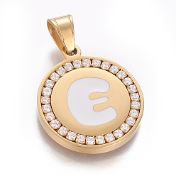 Letter E 304 Stainless Steel Enamel Pendants, with Cubic Zirconia, Flat Round with Letter, Golden, Clear, Letter.E, 29x25x3mm, Hole: 5.5x8.5mm