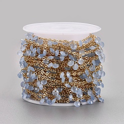 Light Blue Handmade Glass Beaded Chains, Soldered, with Spool, Brass Chain, Long-Lasting Plated, Golden, Light Blue, 4x2mm, about 32.8 Feet(10m)/roll