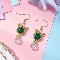 Зеленый Серьги-подвески в форме кошки из натурального тигрового глаза и сердолика, с 304 крючками для сережек из нержавеющей стали и стеклянной бусиной, золотые, зелёные, 45x14.5 мм