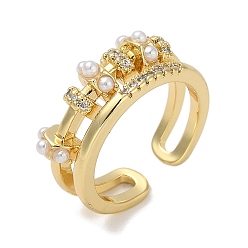 Настоящее золото 18K Кольцо-манжета с покрытием из латуни с микропаве из кубического циркония, С перламутром жемчуга абс, без кадмия и без свинца, долговечный, реальный 18 k позолоченный, 8 мм, внутренний диаметр: регулируемый