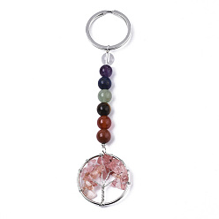 Cherry Quartz Glass Cherry Quartz Glass Chips Chakra Keychain, with Platinum Plated Stainless Steel Split Key Rings and Mixed Stone Round Beads, Flat Round with Tree of Life, 122mm