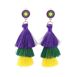 Colorful Carnival Theme Nylon Tassel Earrings, Plastic Beaded Flower Stud Earrings, Colorful, 97x10mm